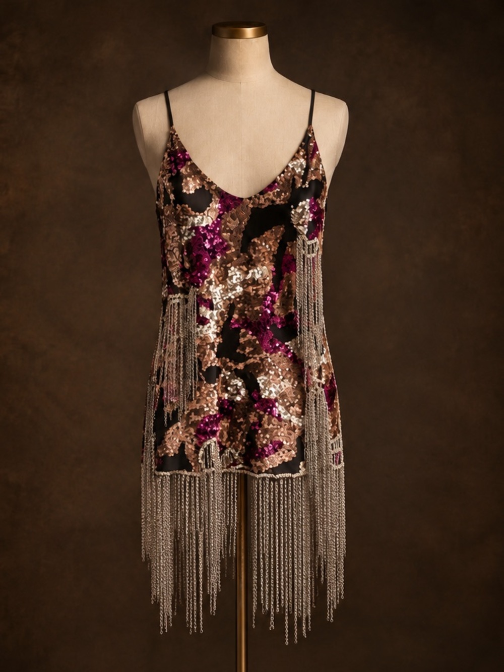Nasty Gal Black Mini Dress with Purple and Gold Sequin Accents and Metal Tassels